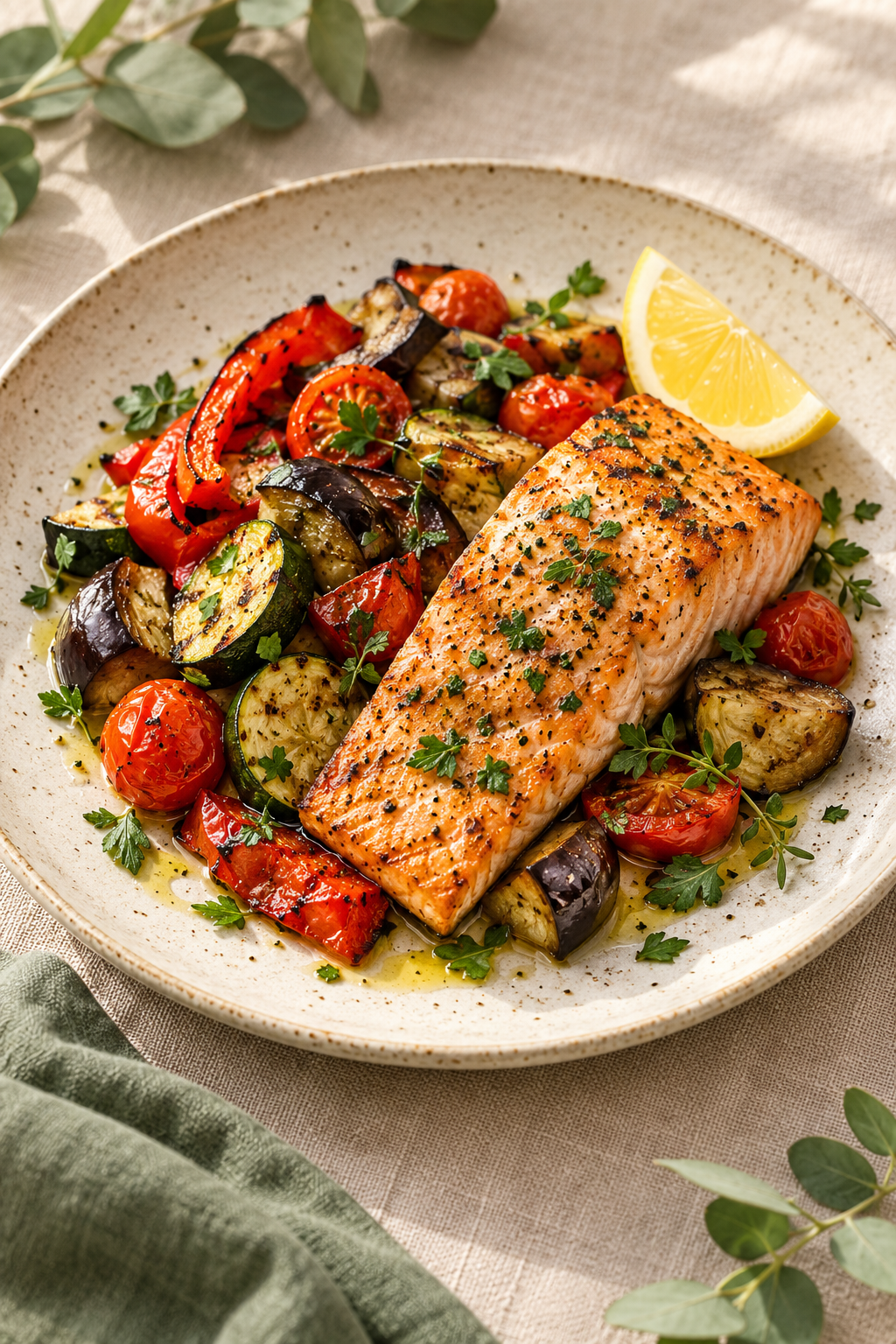 Grilled Salmon & Mediterranean Vegetables