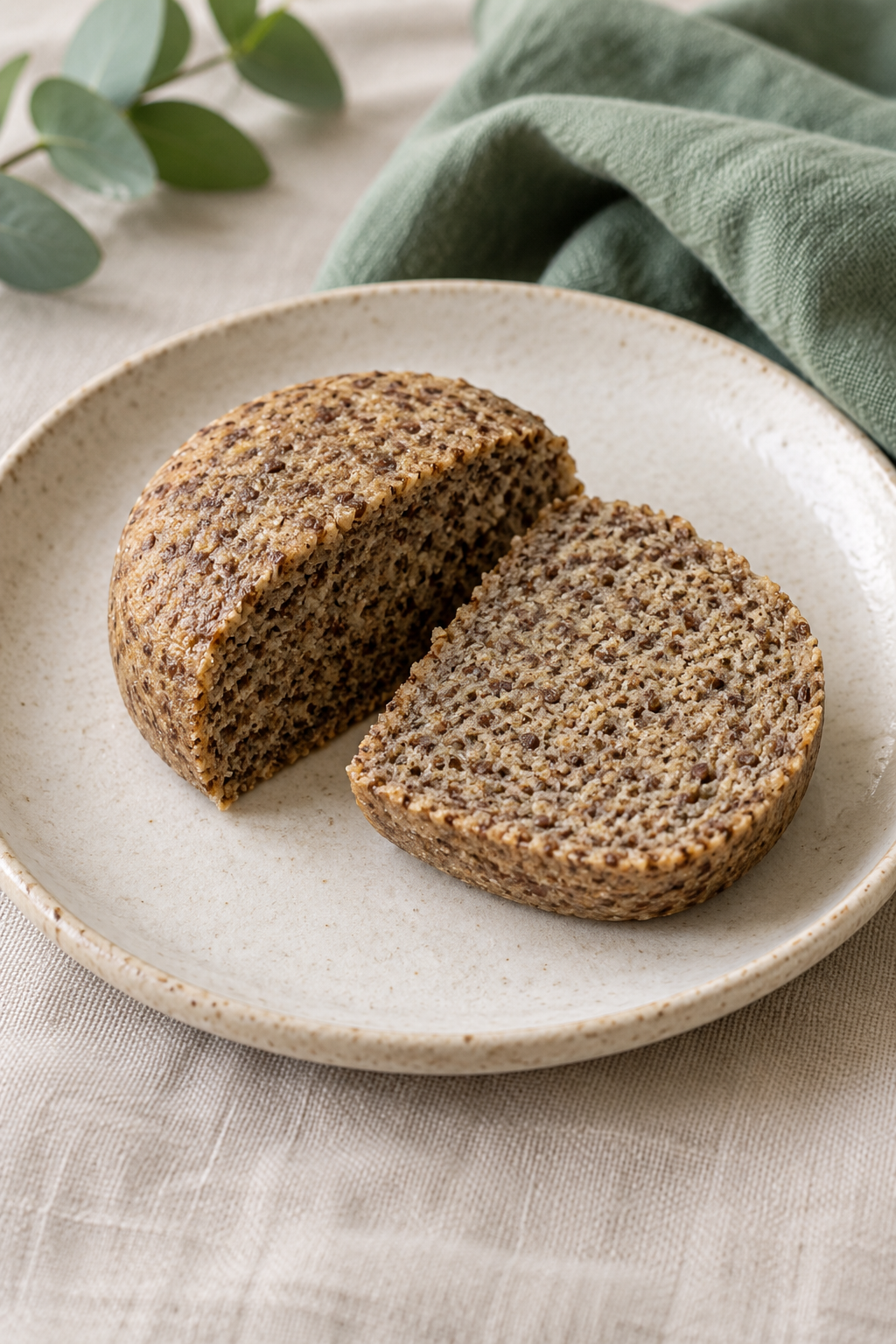 AI-generated serving illustration of a small flaxseed bread sliced on a ceramic plate